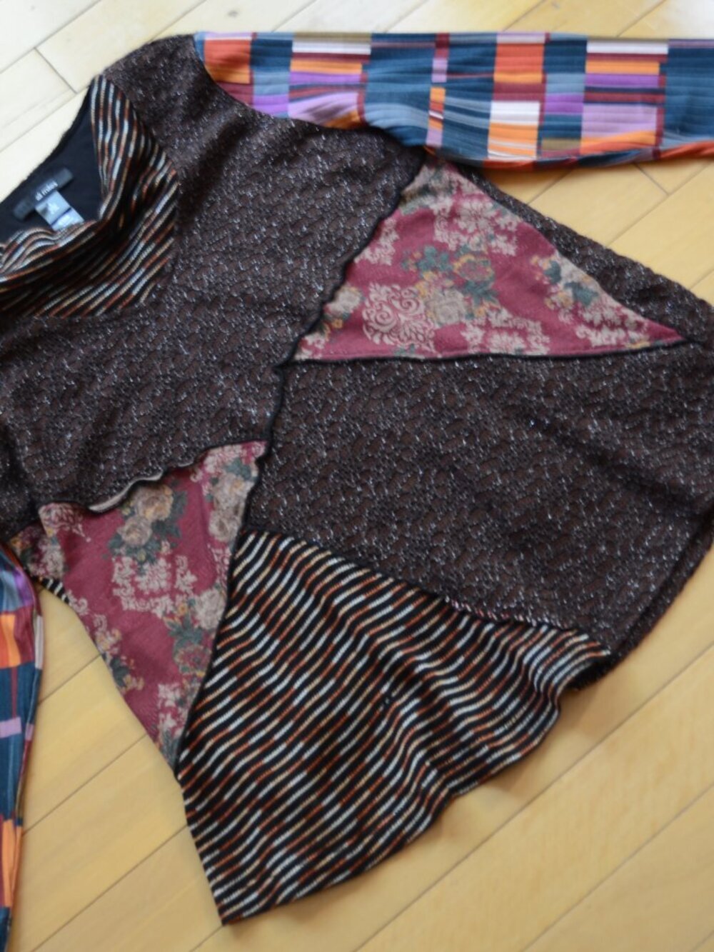 Ali Miles Brown Mixed Media Patchwork Cowl Neck Tunic Shirt Boho Artsy Size L - Picture 5 of 10